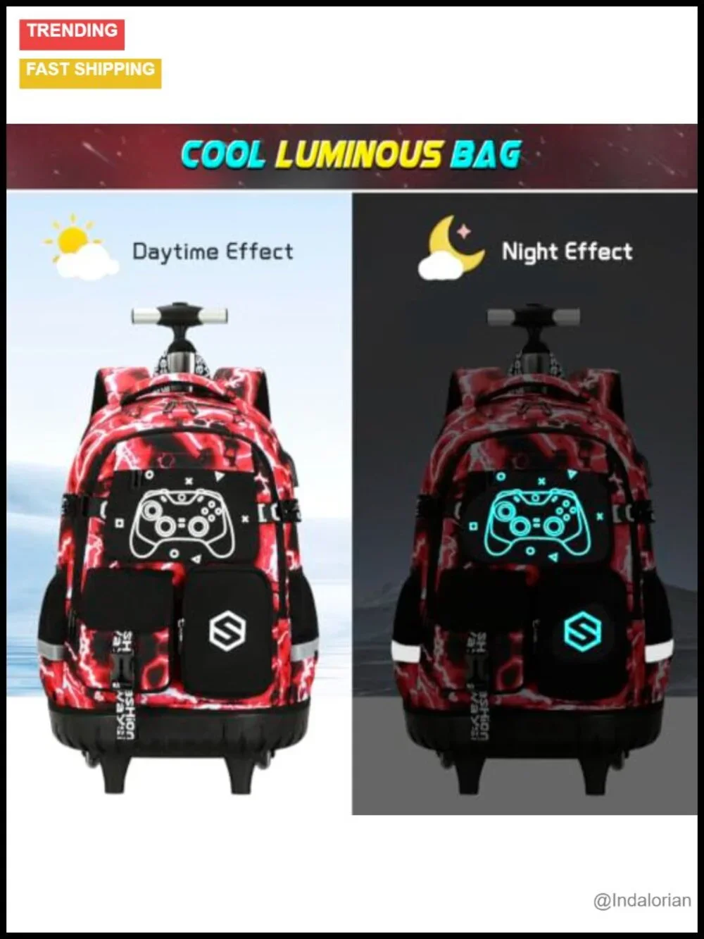 Rolling Backpack for Boys with Lunch Bag & Pencil Pouch, Luminous Gamer Design,